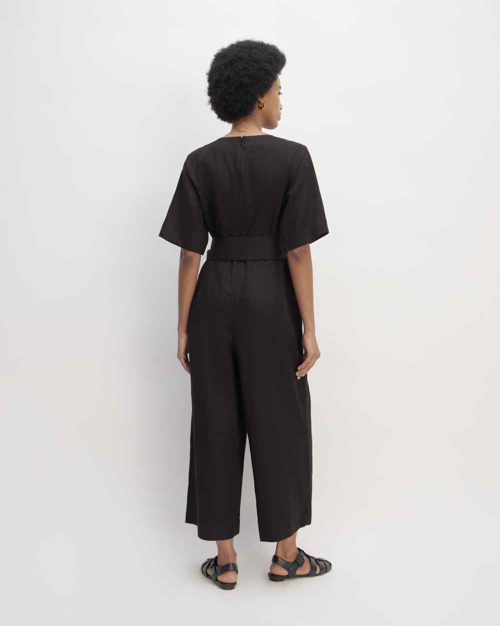 The Wrap Jumpsuit in Linen in Black — detail view