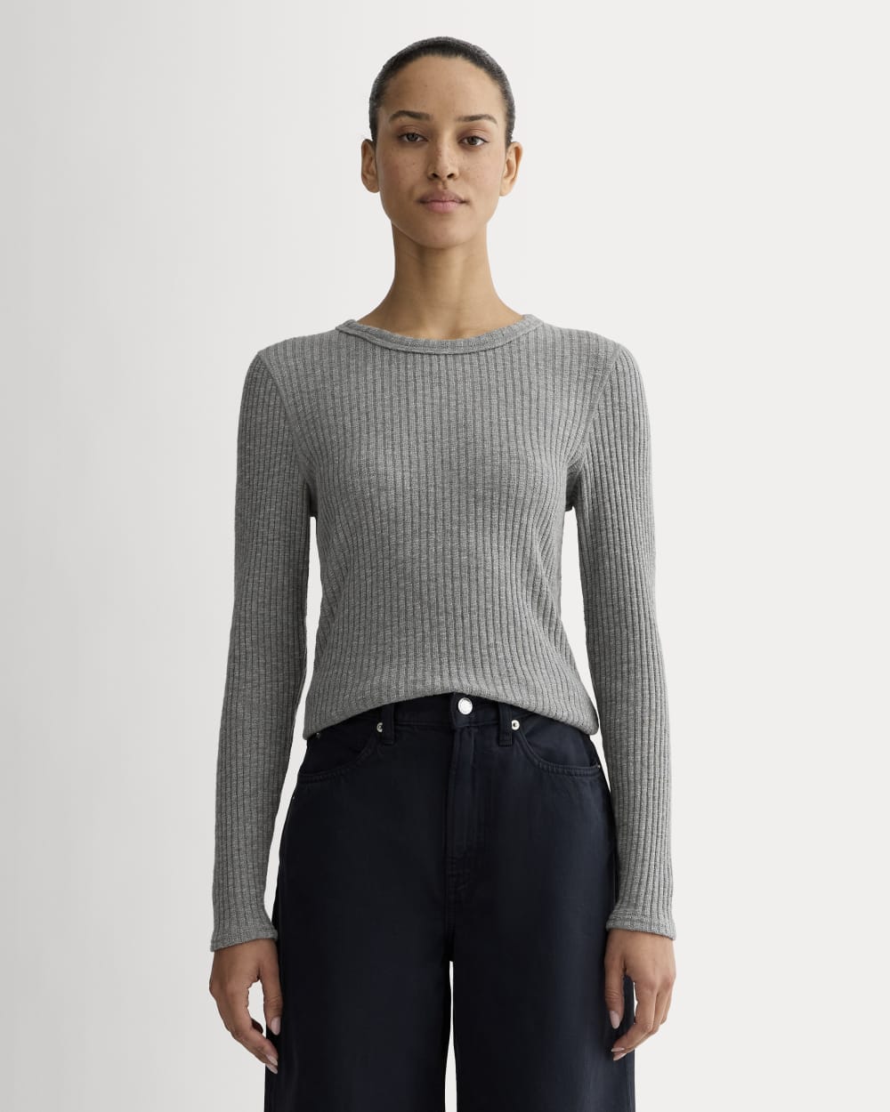 The Cozy Rib Long-Sleeve Tee in Mid Heather Grey — front view
