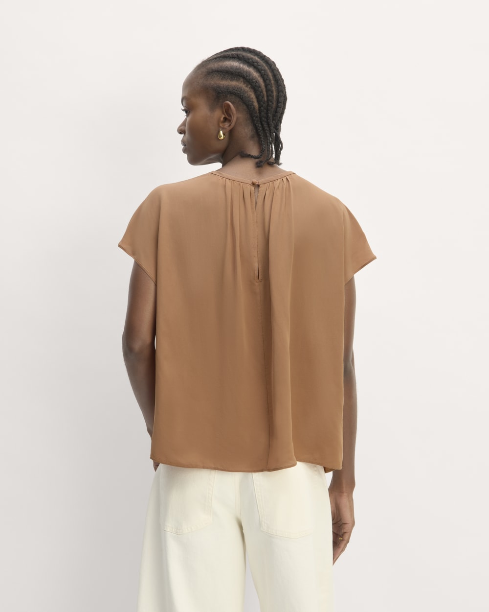 The Gathered Neck Top in Carob Brown — detail view