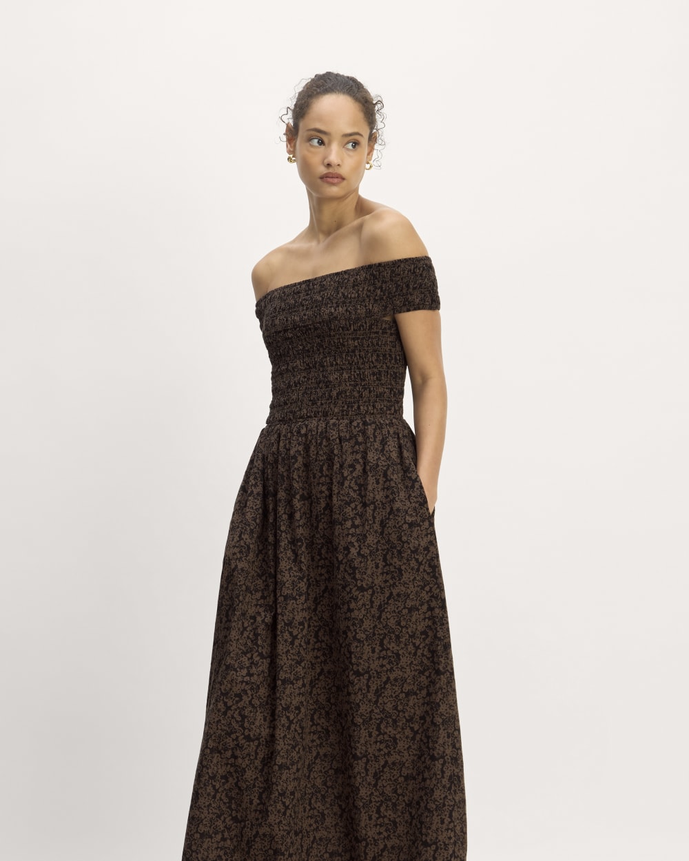 The Gauze Off-the-Shoulder Dress in Black / Cocoa Small Floral — front view