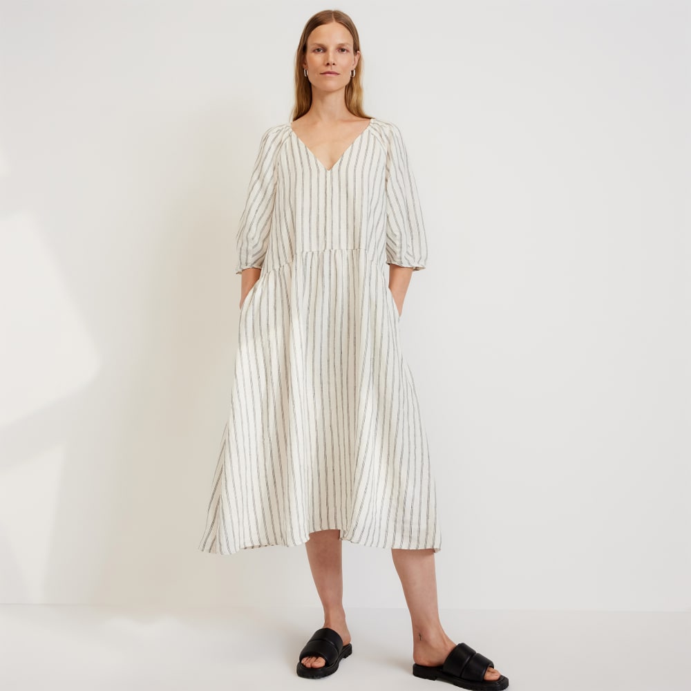 The Linen Oversized Puff-Sleeve Dress in Black / Canvas Tan — front view