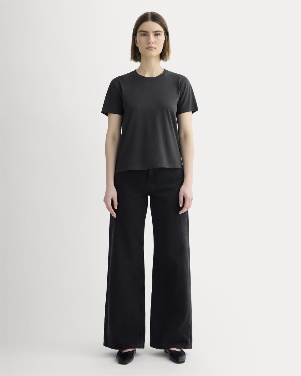 The Box-Cut Tee in Essential Cotton in Washed Black — detail view