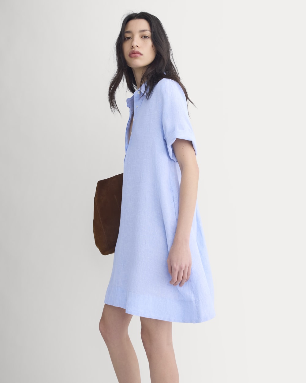 Mini Popover Shirtdress in Linen in Light Blue — detail view