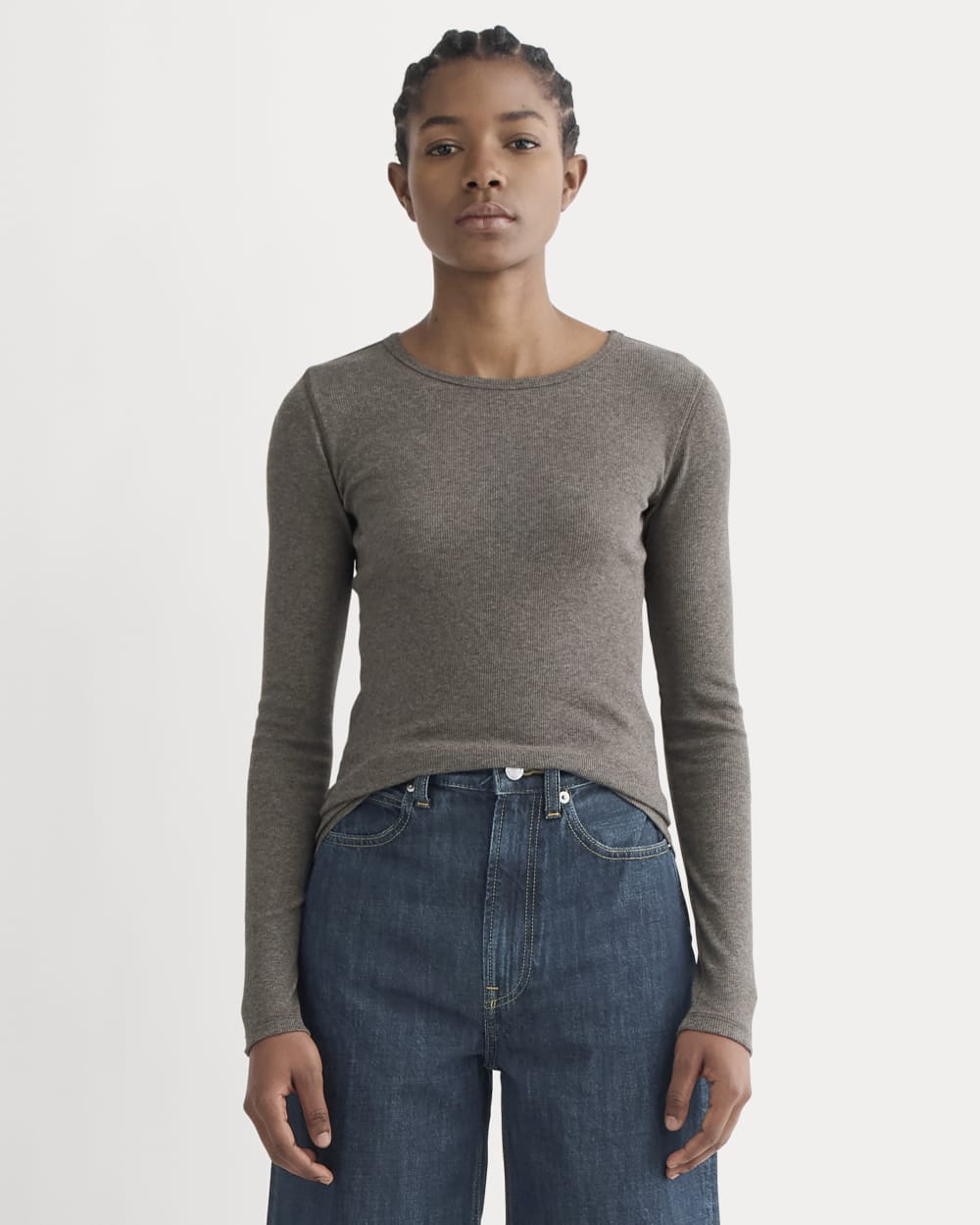 The Luxe Rib Long-Sleeve Crew in Washed Heathered Fatigue — front view