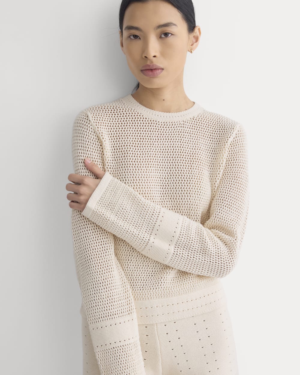 Open Knit Long-Sleeve Crew in Everyday Cotton in Canvas — detail view