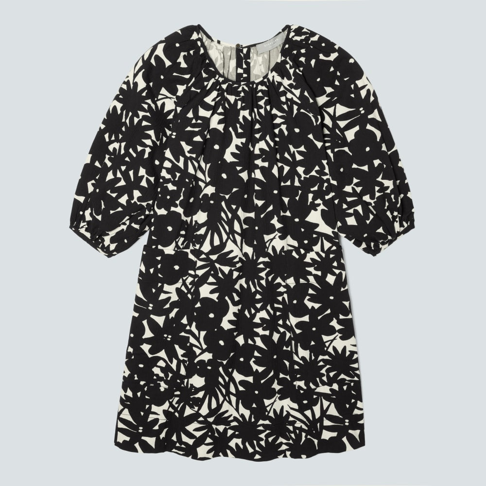 The Seersucker Puff Sleeve Dress in Black / Canvas Floral — front view
