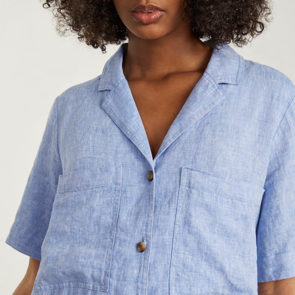The Linen Workwear Dress in Medium Blue — detail view