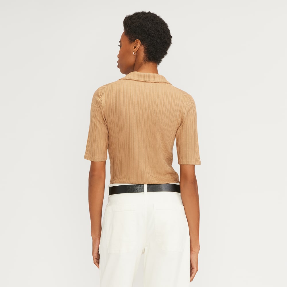 The Rib Soft Knit Open Collar Polo in Caramel — detail view