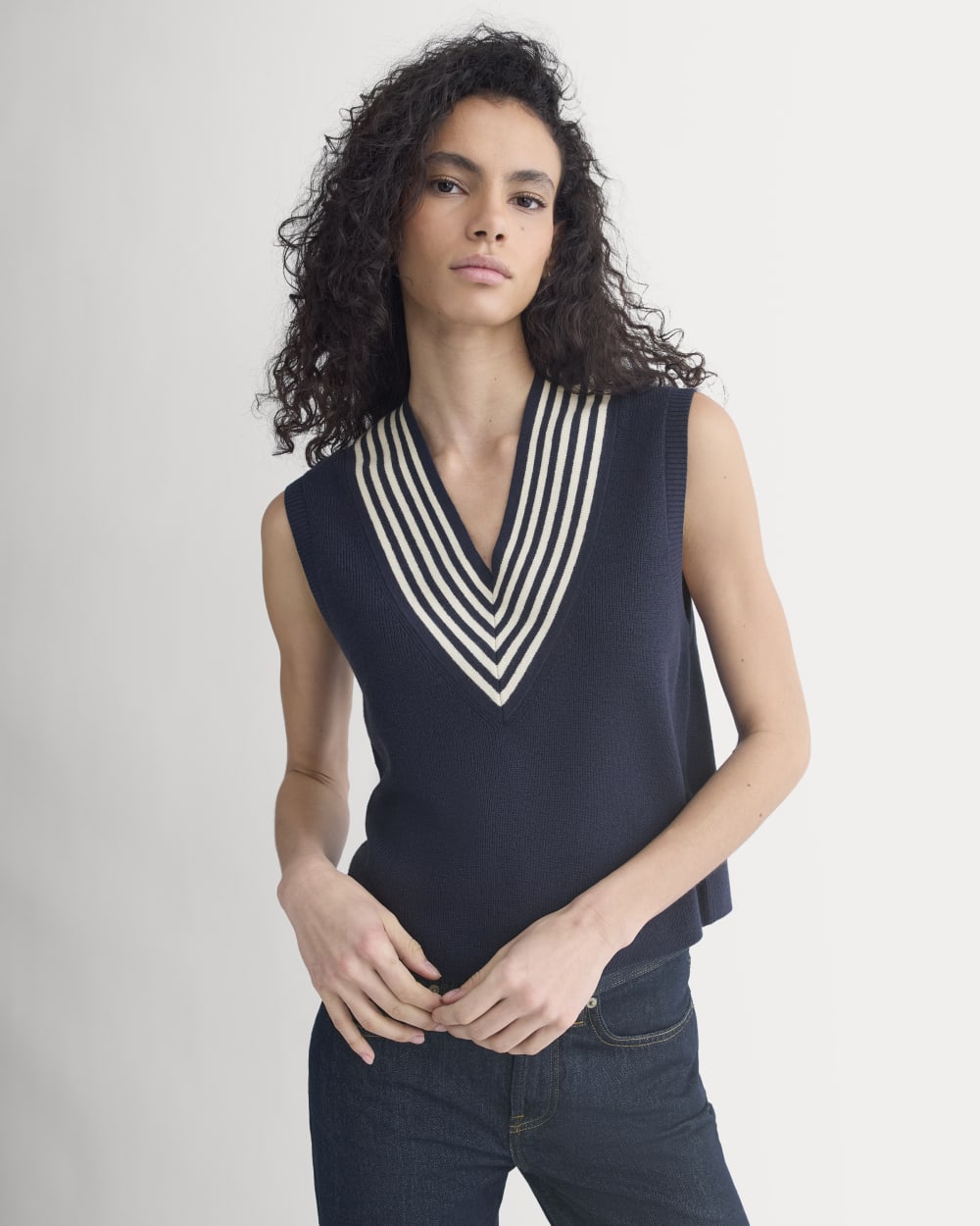 Relaxed V-Neck Vest in Cotton Merino in Navy — front view