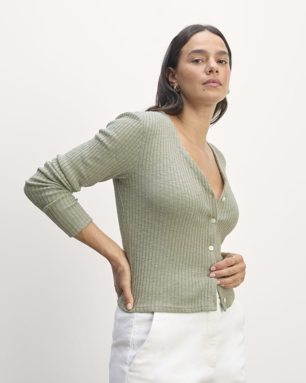 The Cozy Rib Cardigan in Sage Green — front view