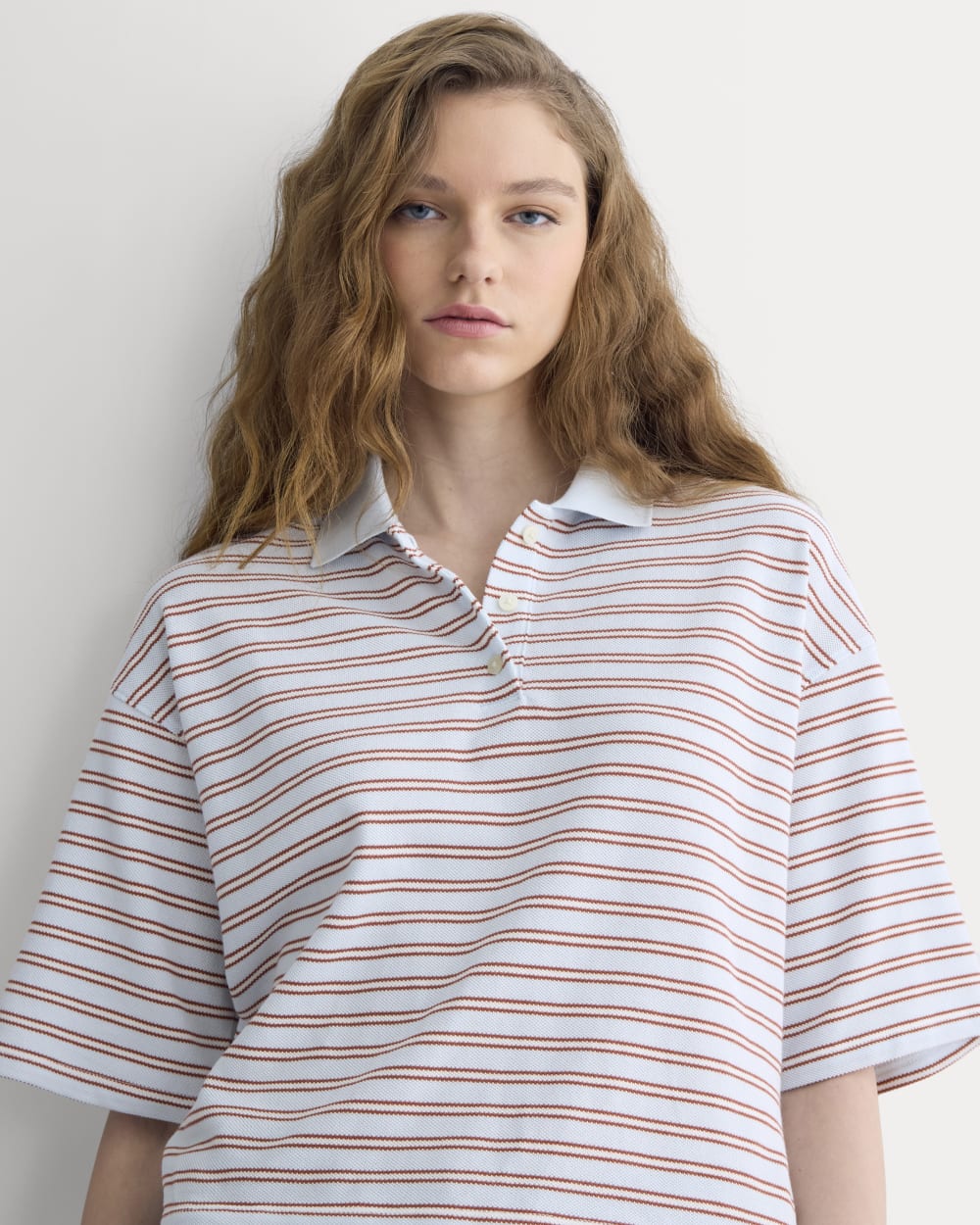 Pique Boxy Polo in Skywriting/Henna/Gardenia — detail view