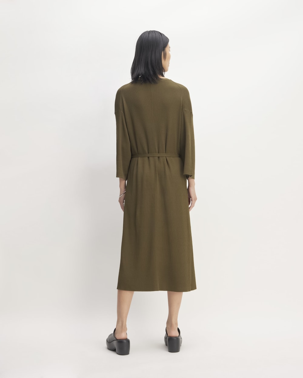 The Ribbed Wrap Midi Dress in Beech — detail view