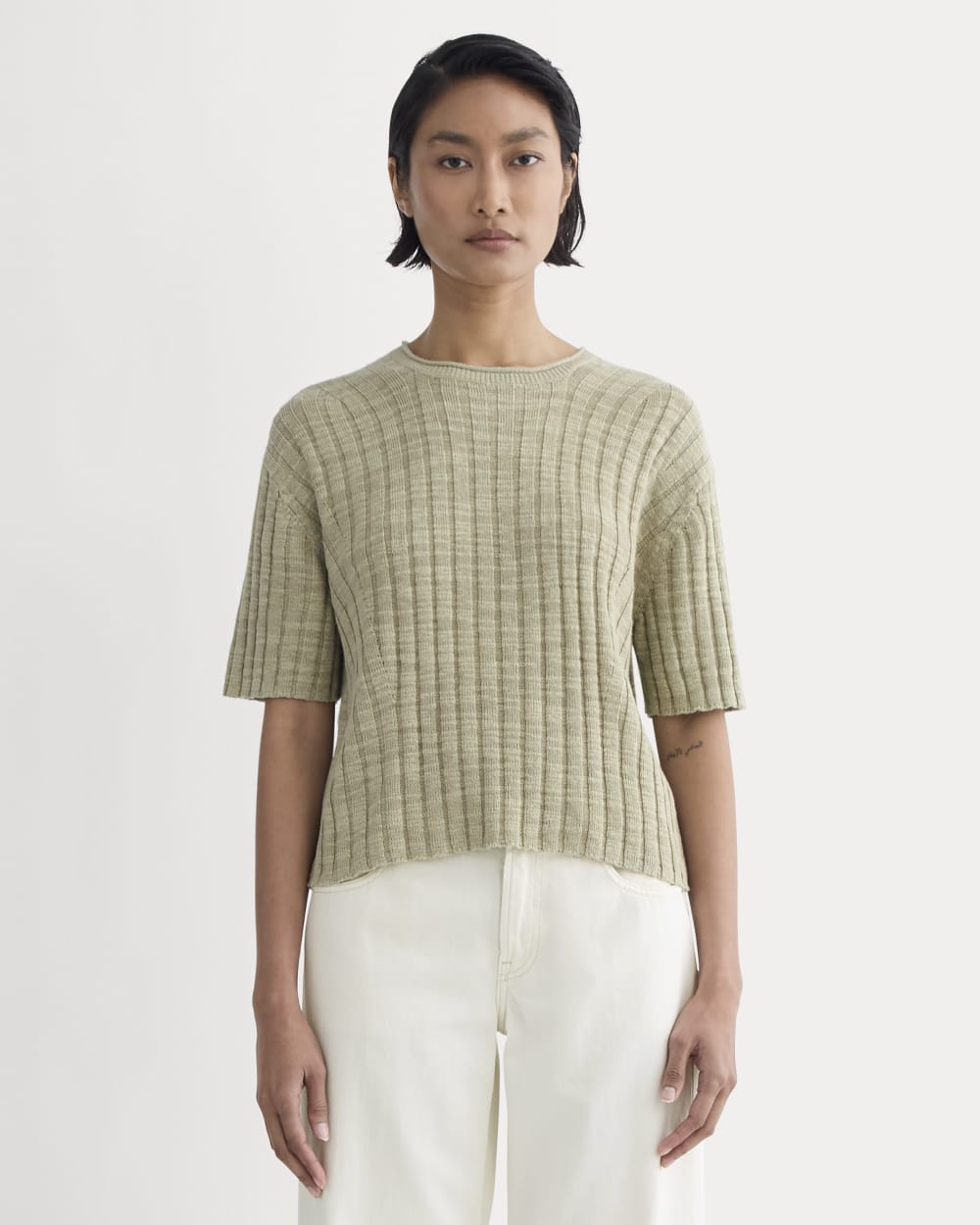 The Oversized Tee in Cotton Linen in Eucalyptus — front view