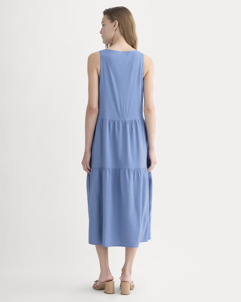 The Tiered Dress in Stretch Linen in Bluebell — detail view