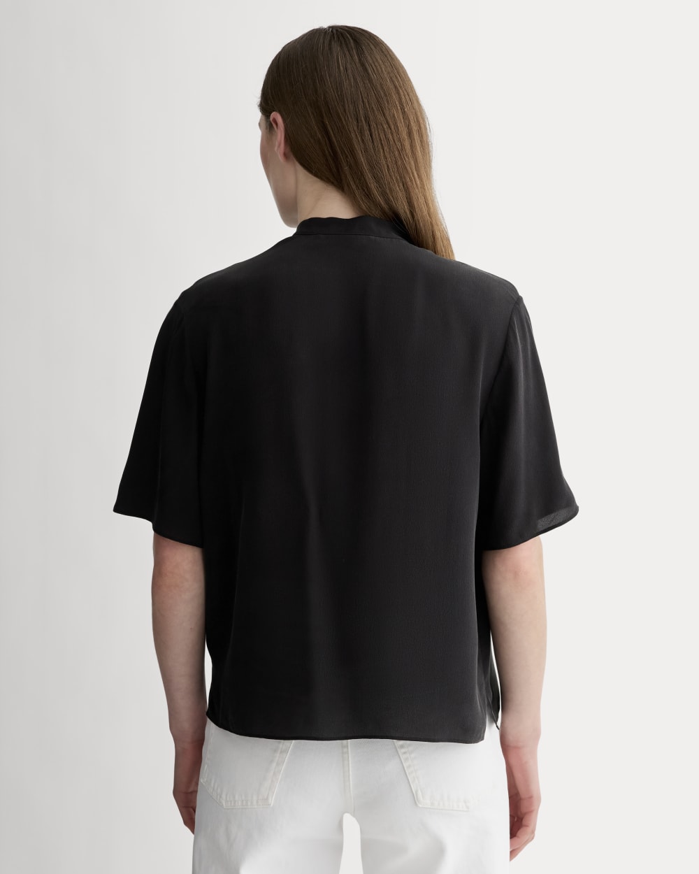 The Popover Top in Washable Silk in Black — detail view