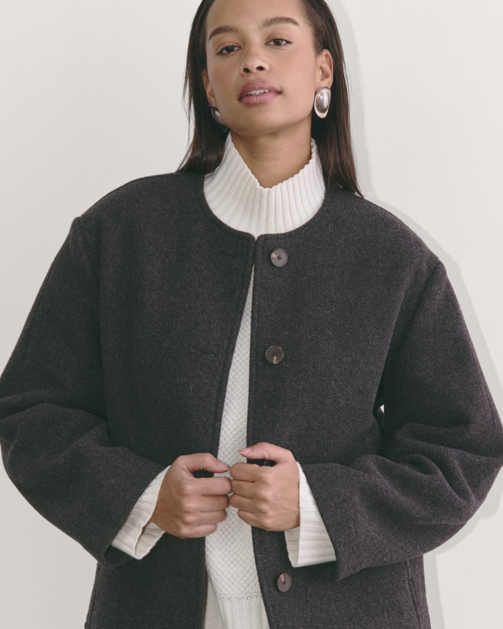 The Cocoon Coat in Wool in Heather Charcoal — detail view
