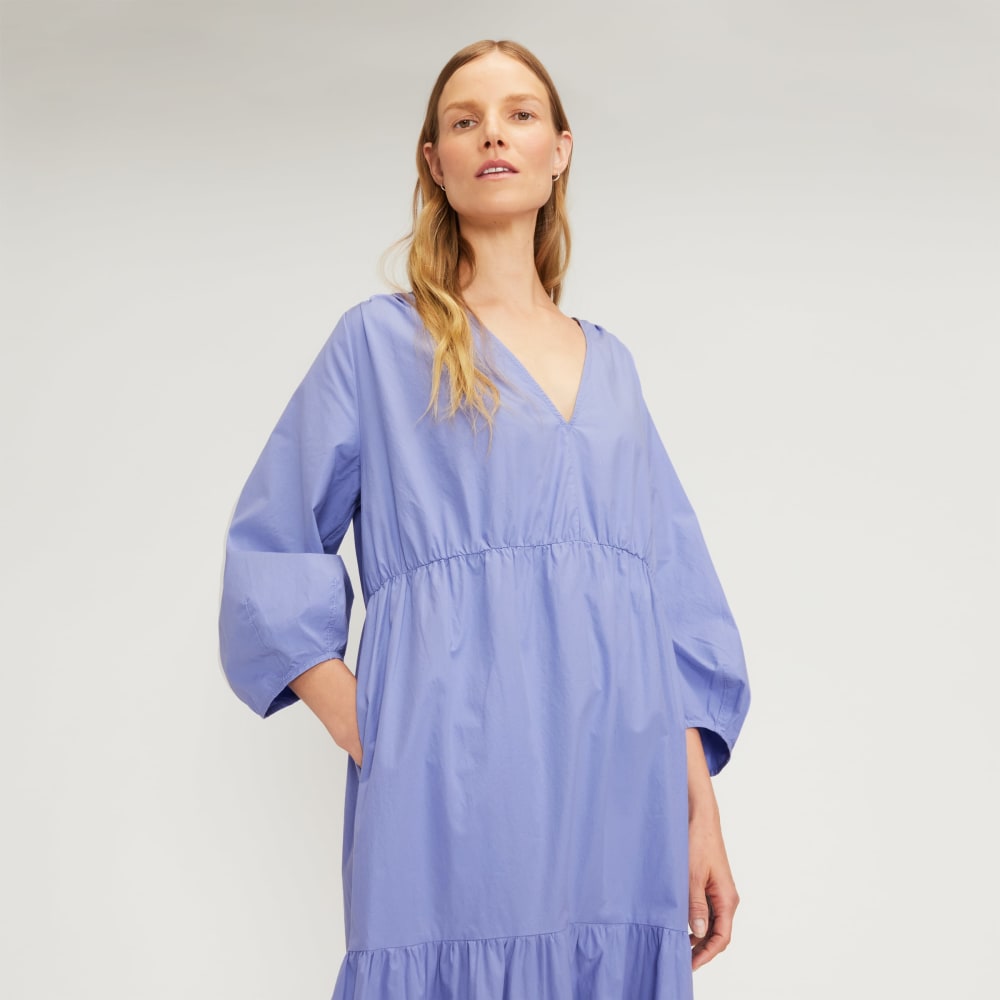 The Poplin Tiered Dress in Cornflower Blue — detail view