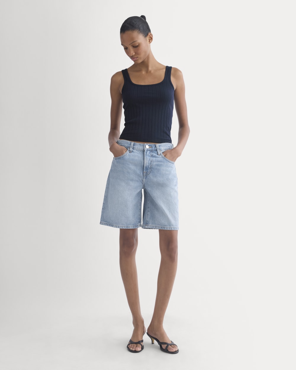 Scoop-Neck Tank in Pointelle in Deep Navy — detail view