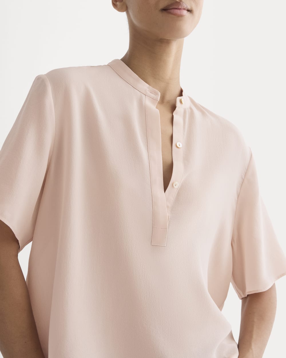 The Popover Top in Washable Silk in Soft Rose — detail view