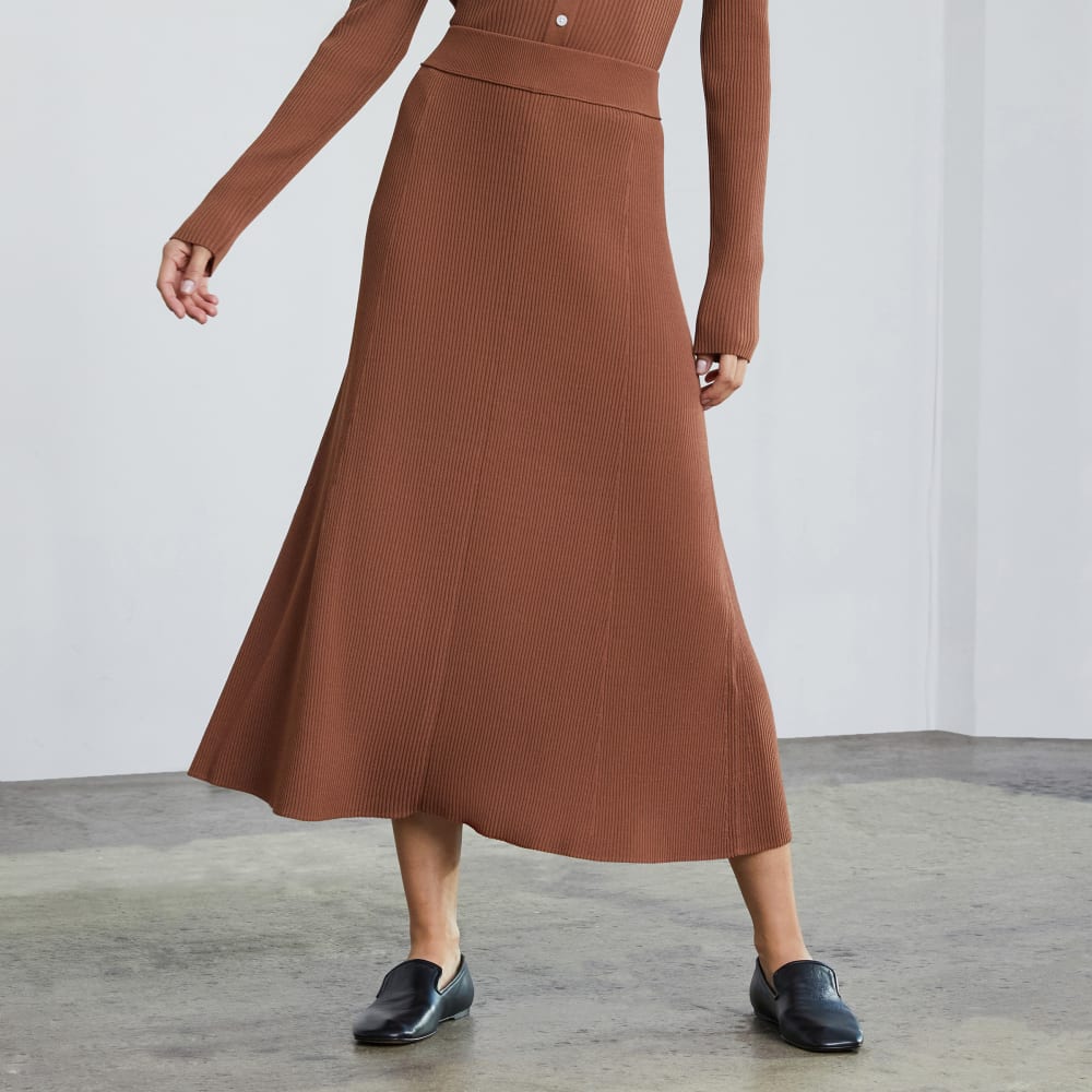 The Ribbed Knit Skirt in Cocoa Brown — front view