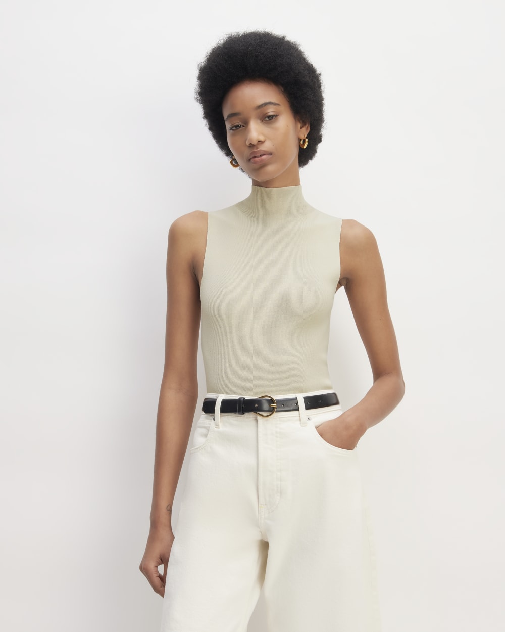 The Viscose Mock Neck Top in Beige — front view