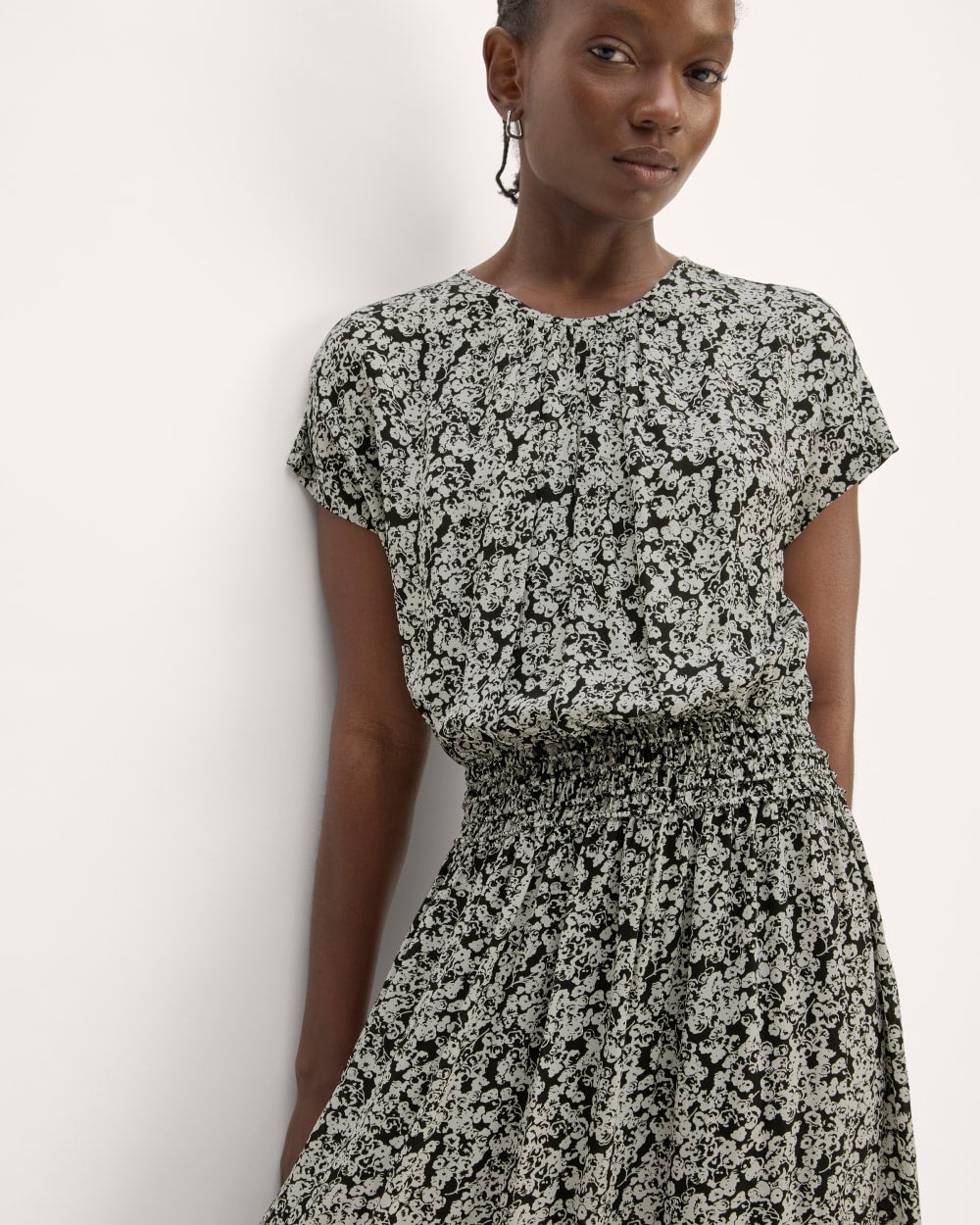 The Gathered Midi Dress in Black / Bone Mini Floral — front view