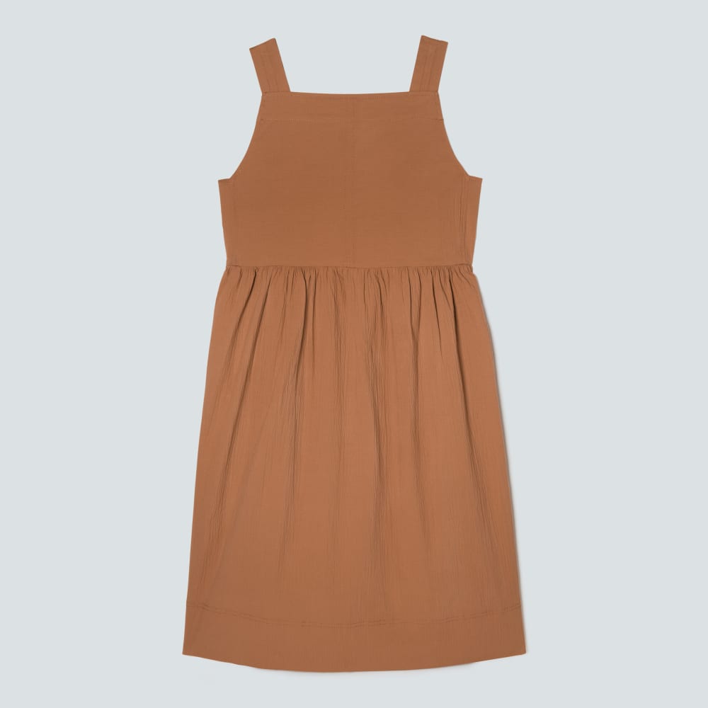 The Seersucker Midi Dress in Tawny Brown — front view
