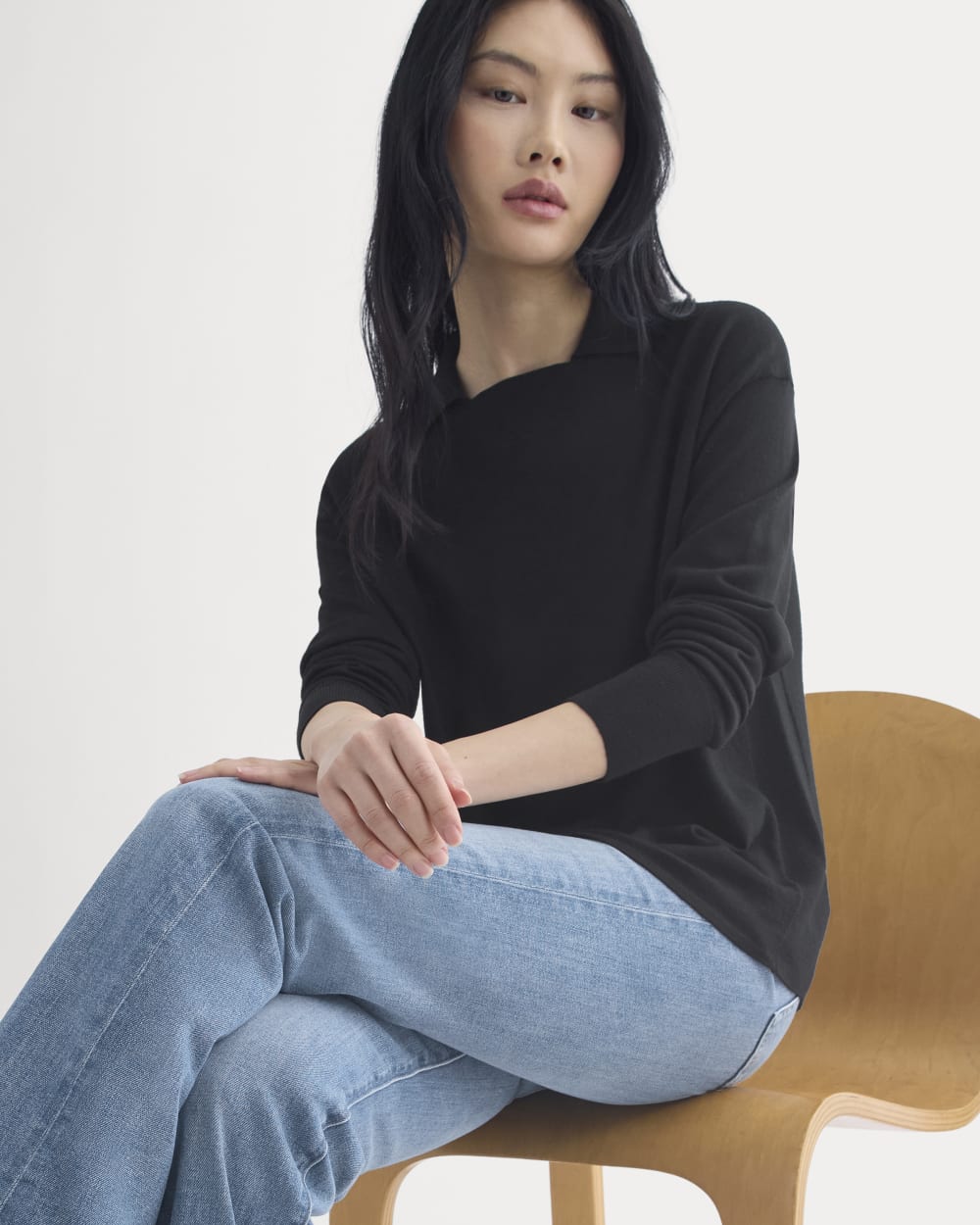 Oversized Polo in Ultrafine Merino in Black — detail view