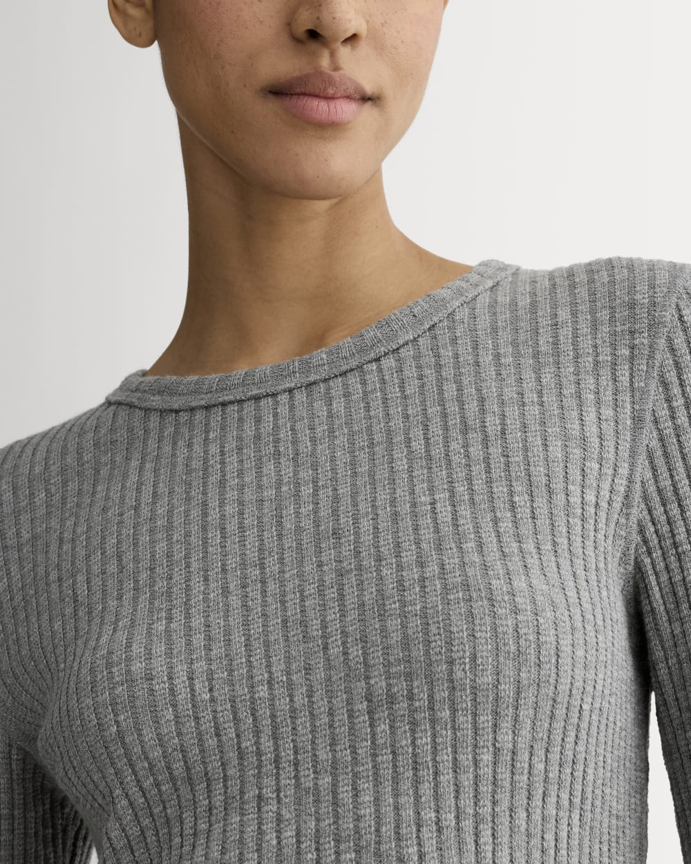 The Cozy Rib Long-Sleeve Tee in Mid Heather Grey — detail view