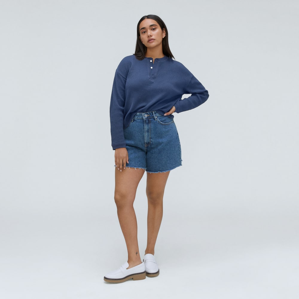 The Organic Cotton Waffle Henley in Navy — detail view