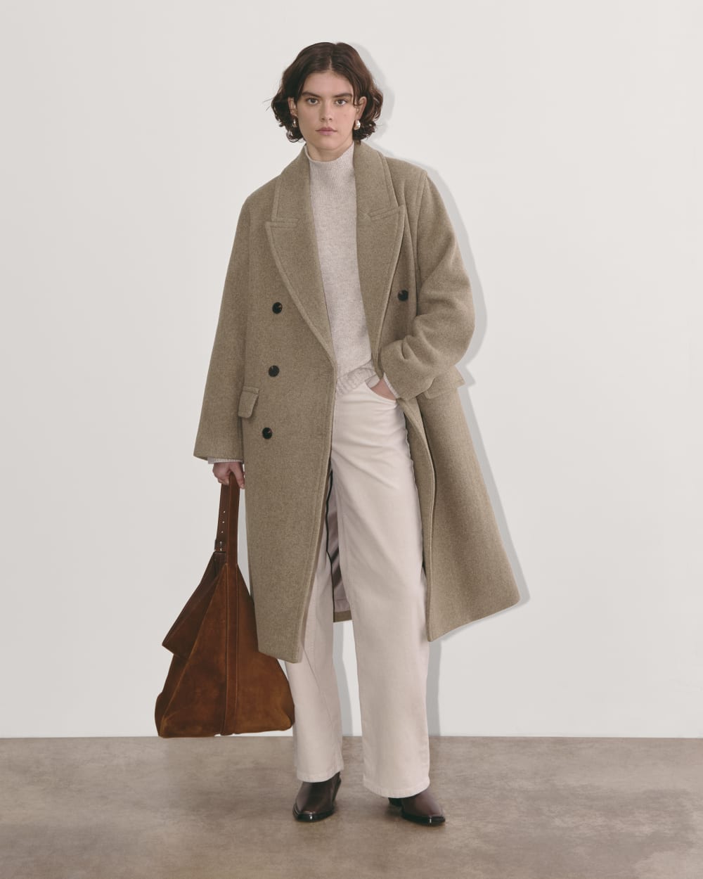 The Double-Breasted Coat in Wool in Heather Taupe — front view