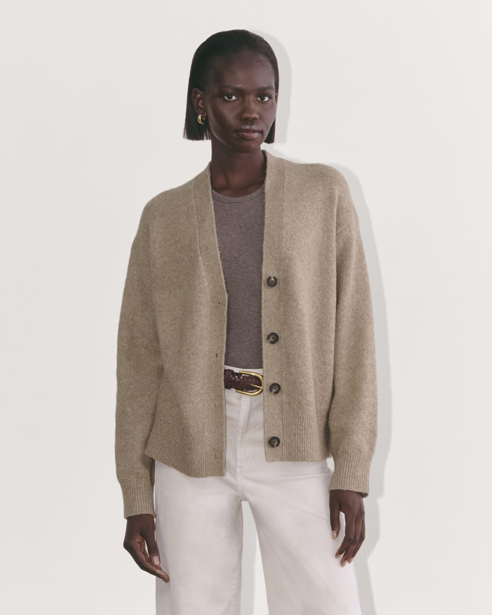 The Cocoon Cardigan in Plush Cotton in Heather Taupe — front view