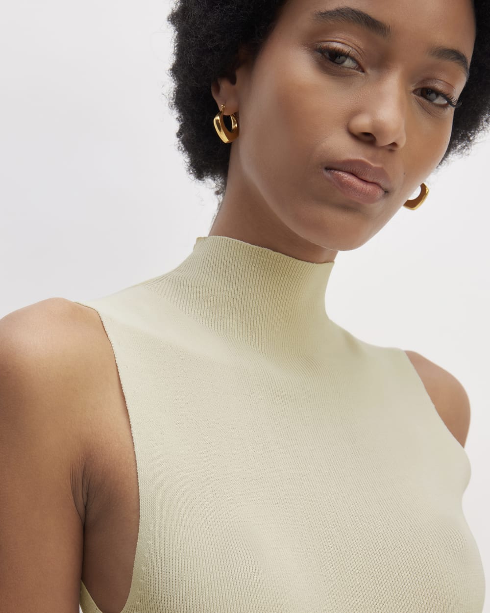 The Viscose Mock Neck Top in Beige — detail view