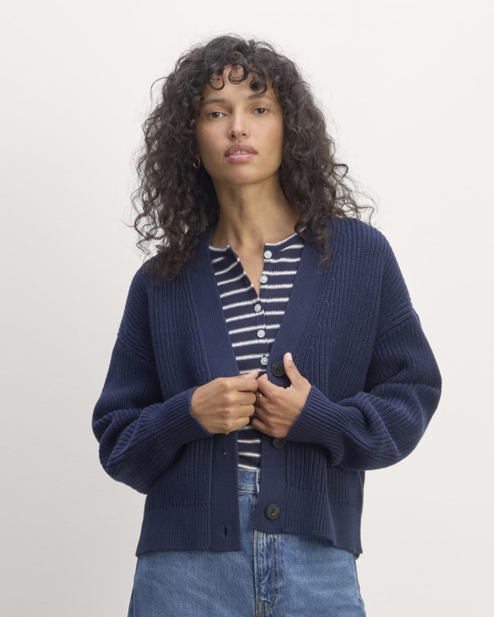 The Boxy Cardigan in Everyday Cotton in Navy — front view