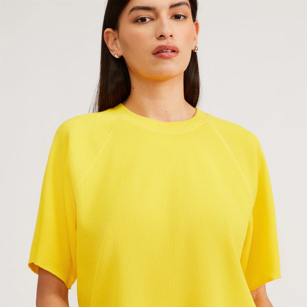 The Organic Cotton Waffle Raglan Tee in High Visibility Yellow — detail view