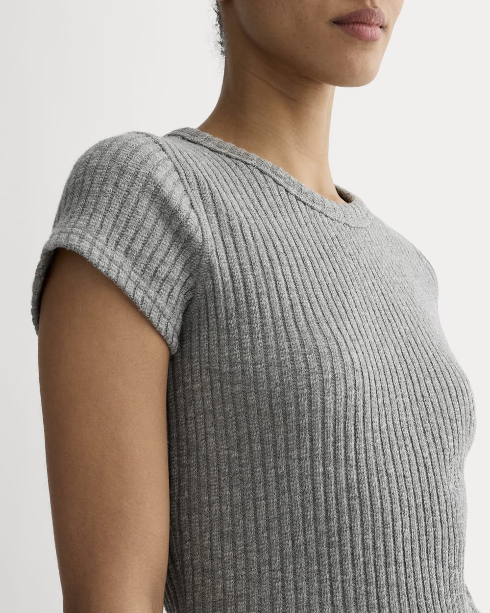 The Cozy Rib Tee in Mid Heather Grey — detail view