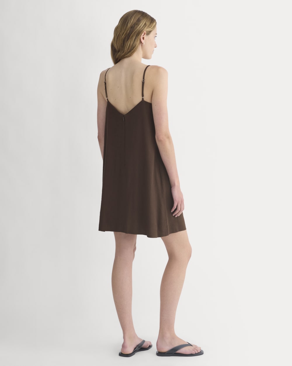 Mini Shift Dress in Stretch Linen in Dark Brown — detail view
