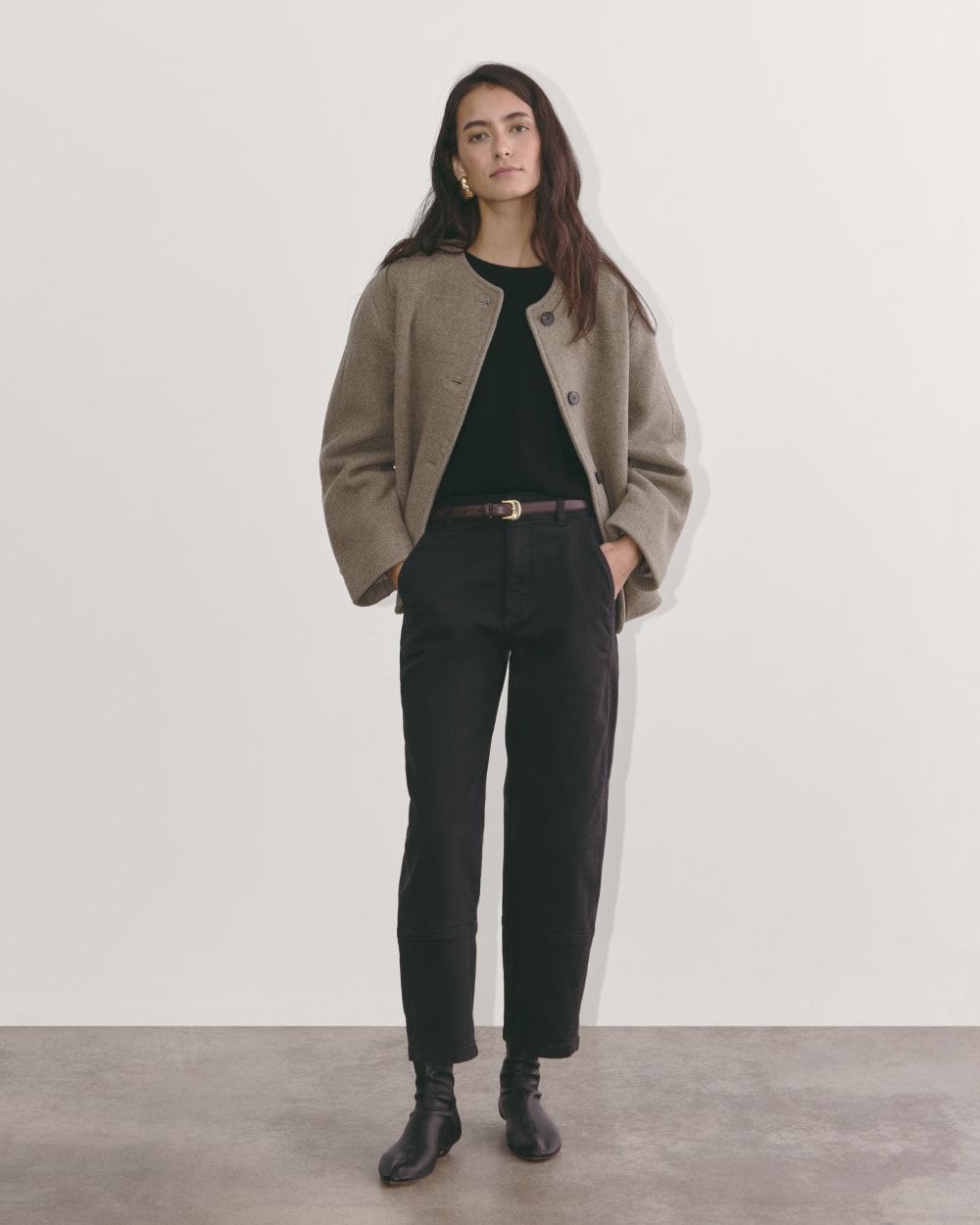 The Cocoon Coat in Wool in Taupe — detail view