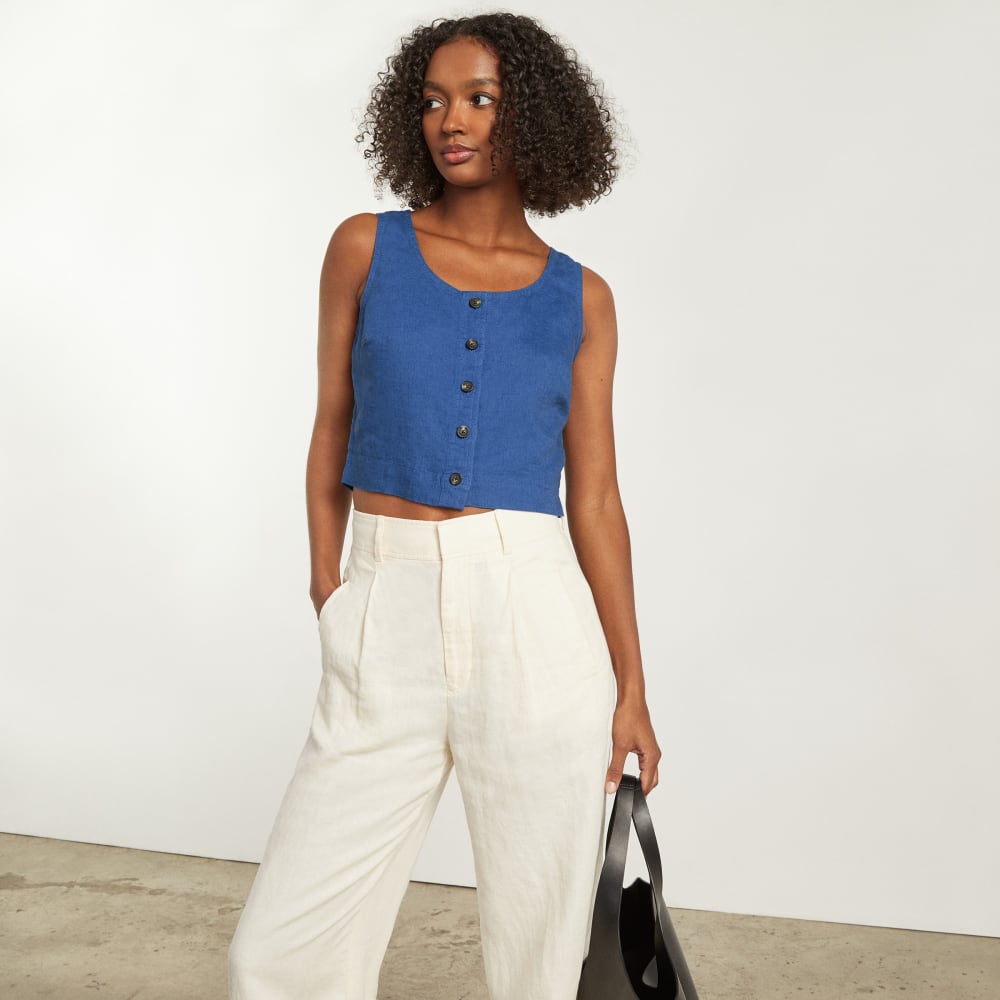 The Linen Button-Front Crop Tank in Deep Blue — detail view