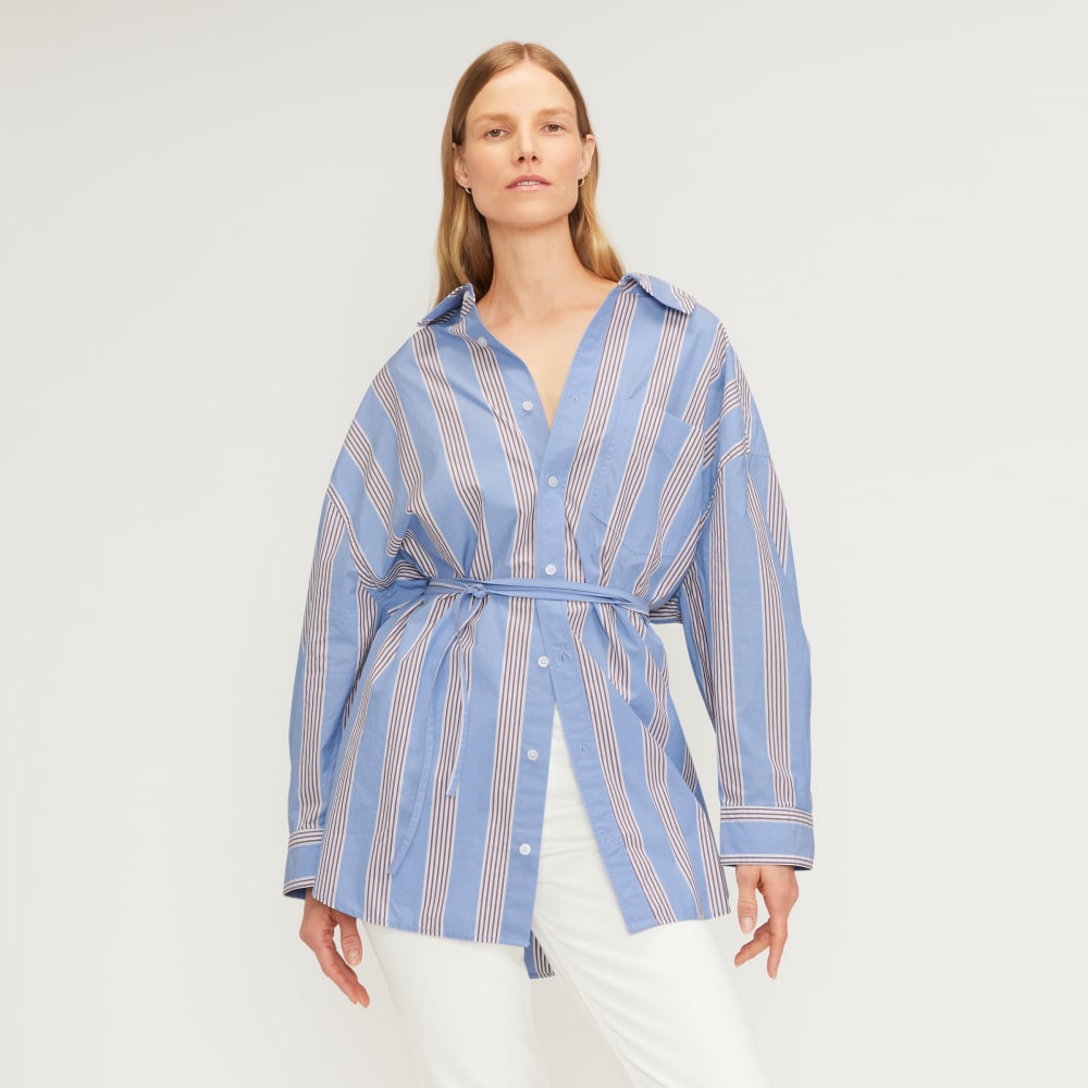 The Poplin Tie Back Shirt in Blue Opal / Cabernet / White — front view