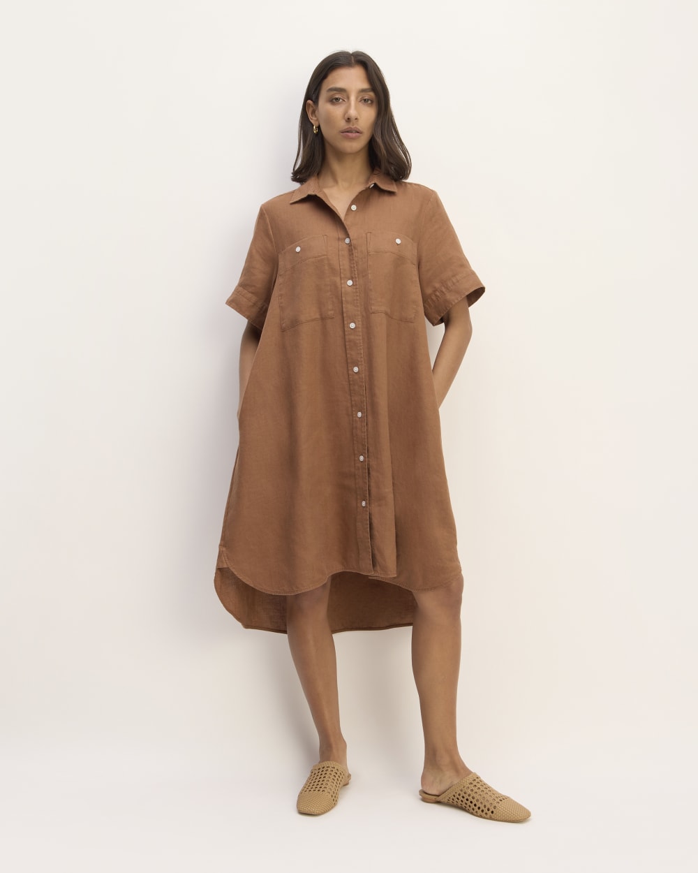 The Daytripper Dress in Linen in Carob Brown — front view