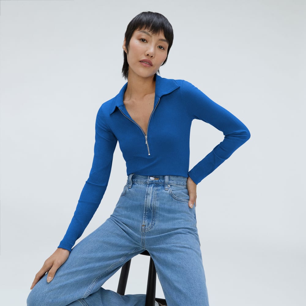 The Super-Soft Zip Polo in Lapis Blue — detail view