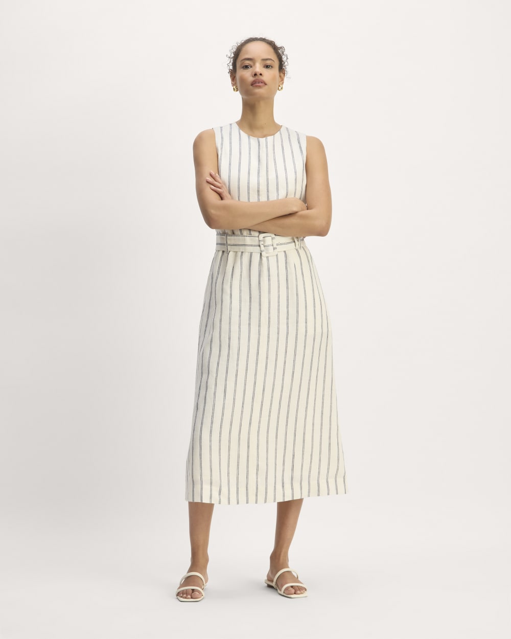 The Linen Belted Midi Dress in Bone/Navy — front view