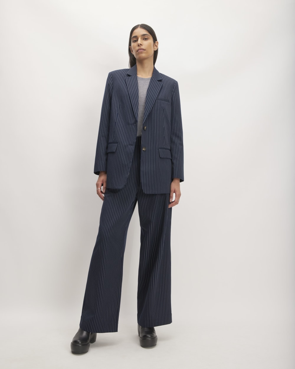 The Oversized Blazer in Buttersmooth in Navy / Bone — detail view