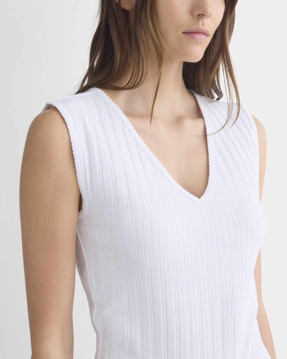 V-Neck Tank in Pointelle in White — detail view