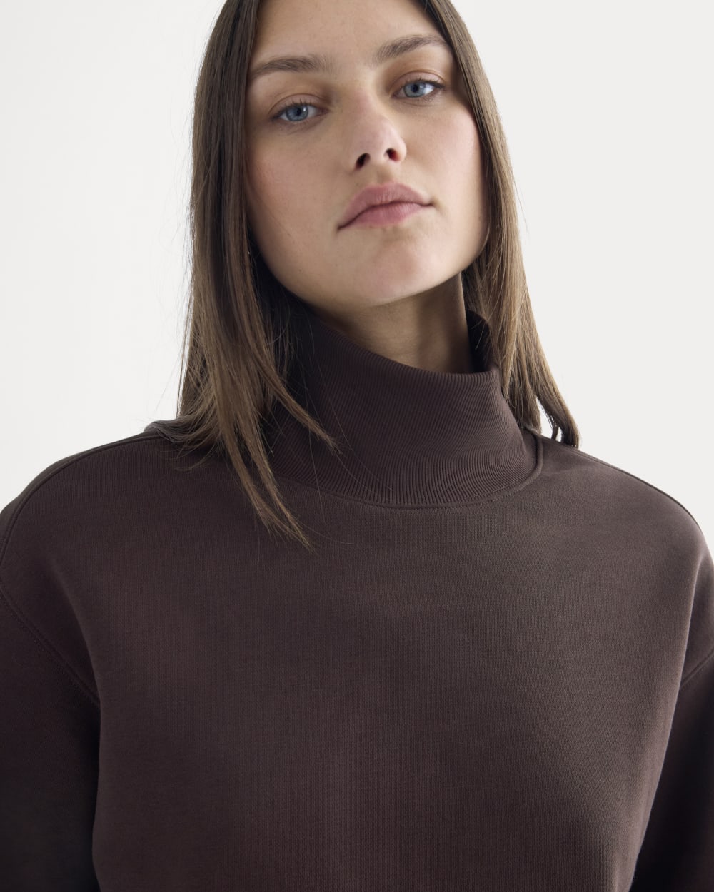 Luxe Fleece Turtleneck in Dark Chocolate — detail view