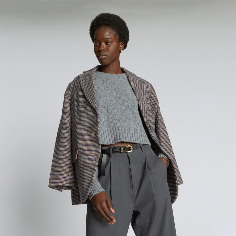The Felted Merino Cropped Cable Sweater in Heathered Mid-Grey — detail view