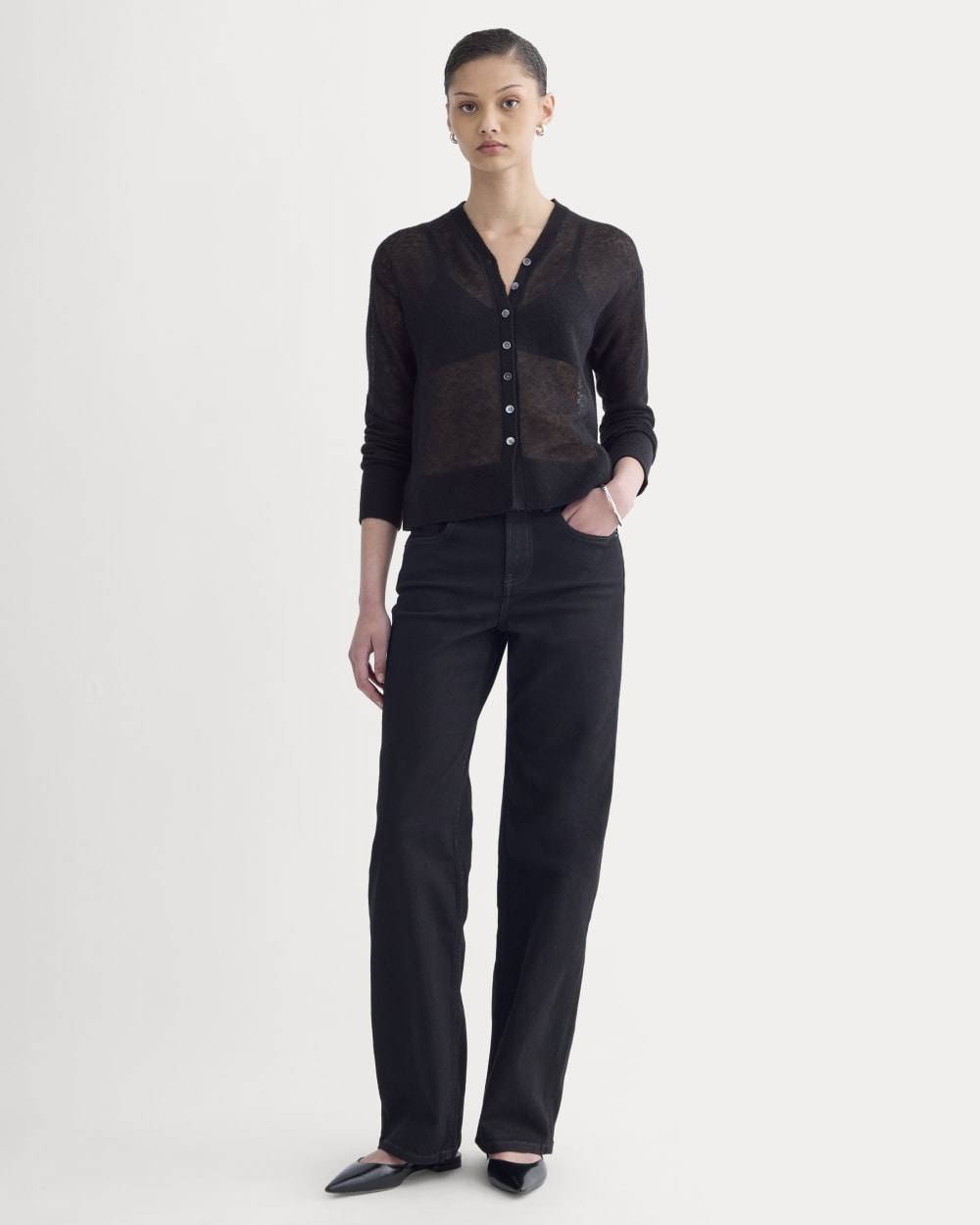 The Air Alpaca ™ High V Cardigan in Black — detail view