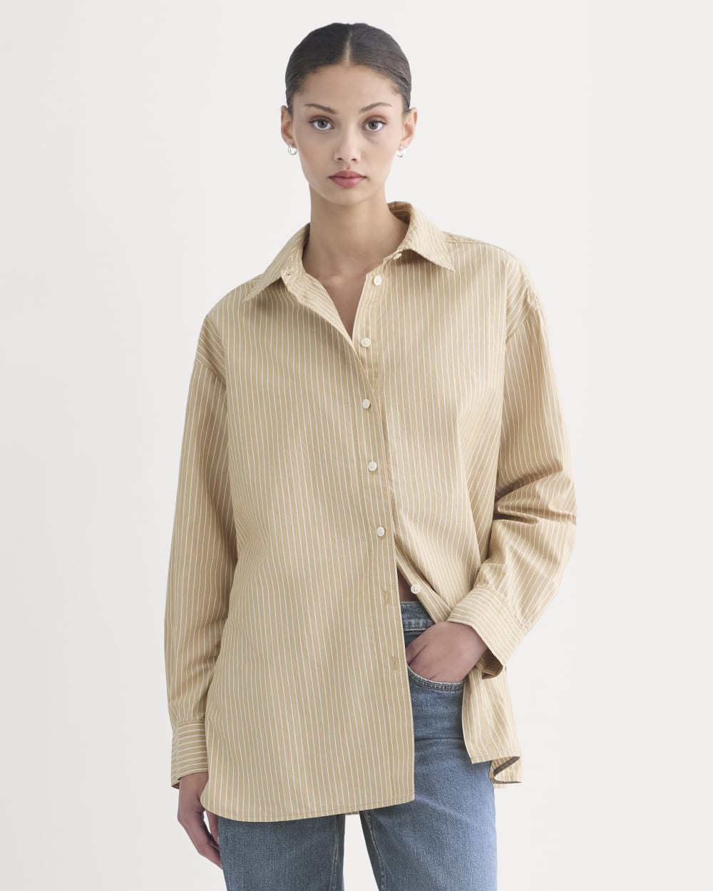 The Boyfriend Shirt in Ultrasoft Cotton in Tiger's Eye / Optic White — front view