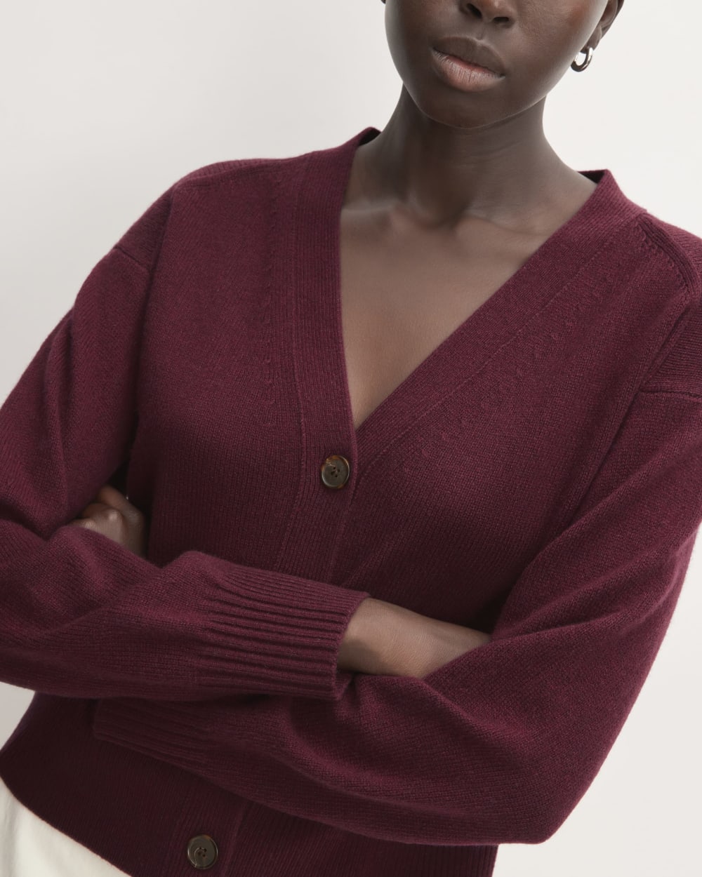 The Cashmere Cardigan in Brandy — detail view